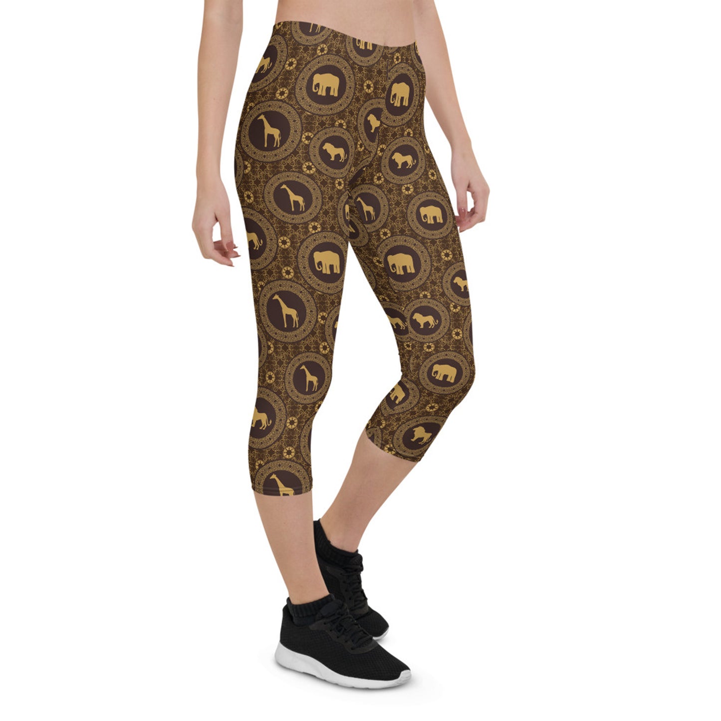 Womens Brown African Safari Animals Capri Leggings