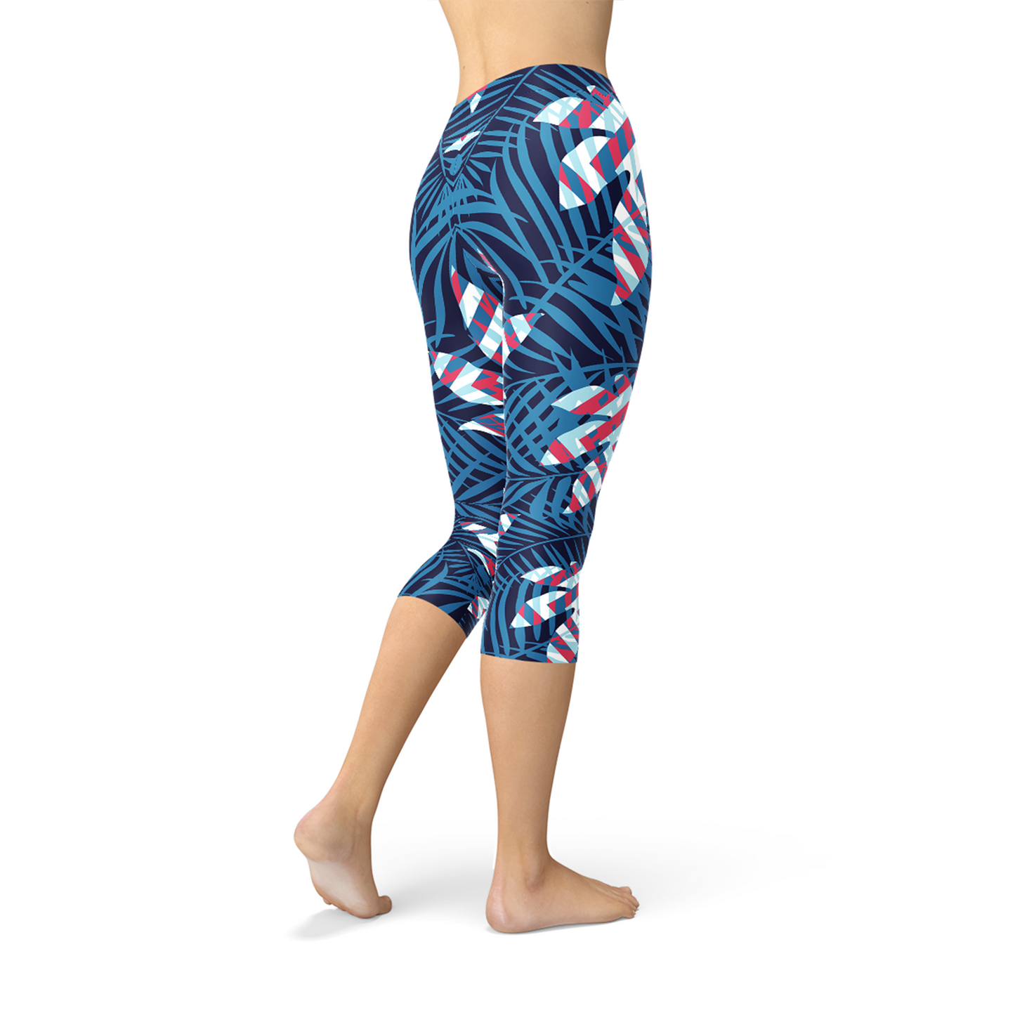 Blue Tropical Leaf Capri Leggings for Women