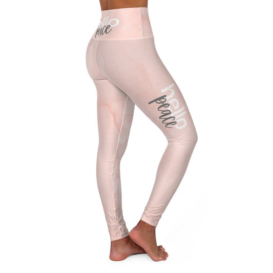 High Waisted Yoga Leggings, Peach Marble Hello Peace Graphic Style