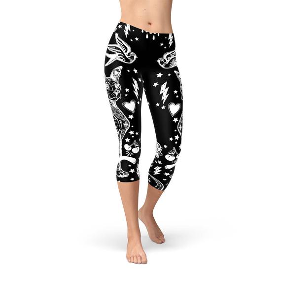 Womens Black Magic Cat Capri Leggings