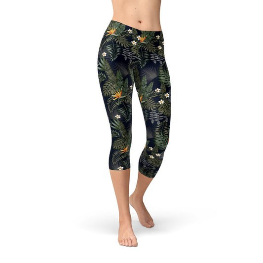 Womens Bird of Paradise Black Capri Leggings