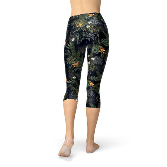 Womens Bird of Paradise Black Capri Leggings