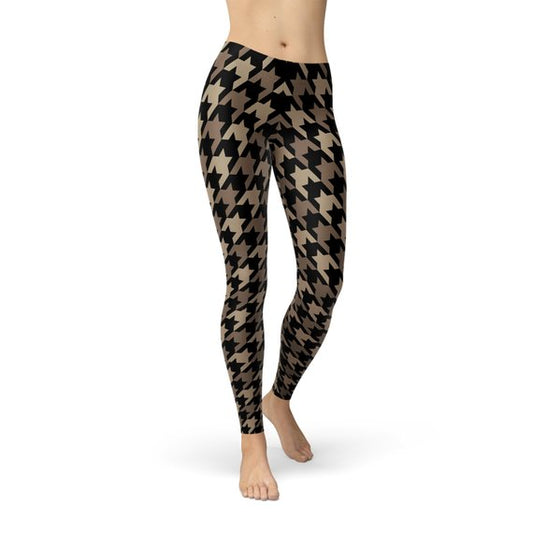 Womens Beige Brown Houndstooth Leggings