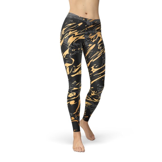 Womens Black Marble w/ Gold Splash Leggings