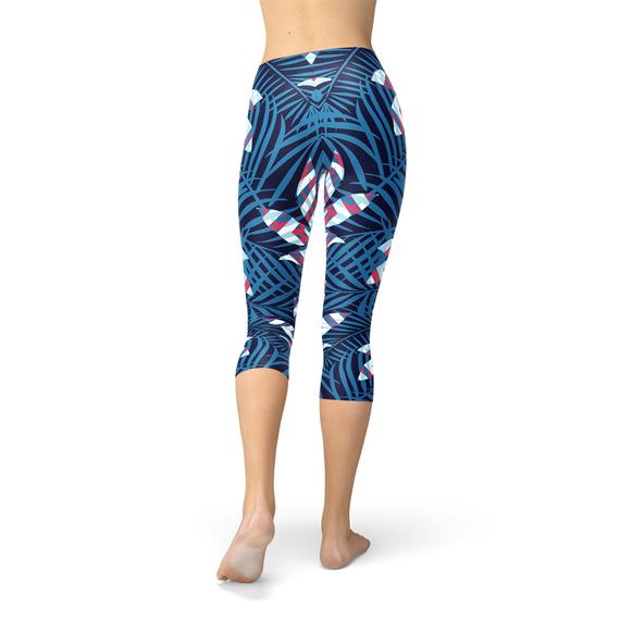 Blue Tropical Leaf Capri Leggings for Women