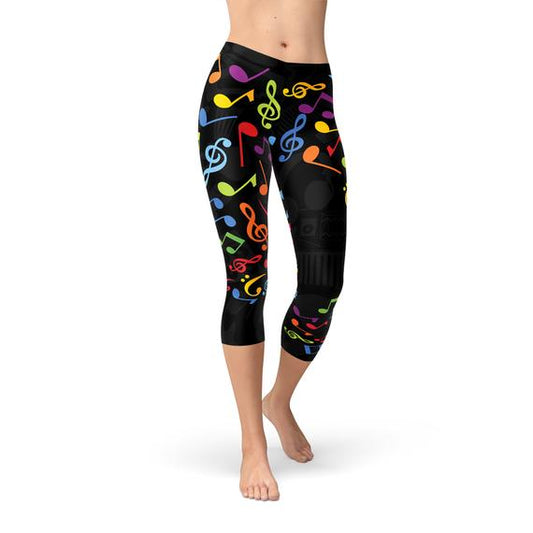 Womens Colorful Music Notes Capri Leggings