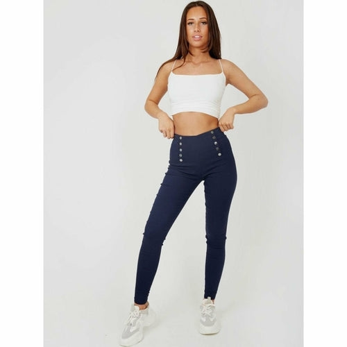 Mock Button High Waisted Jeggings - Black/Navy/Grey/Red/Khaki/Camel