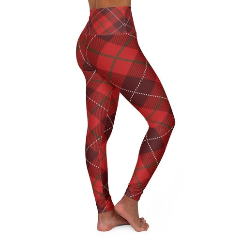 Womens High Waist Fitness Leggings / Yoga Pants, Red Plaid