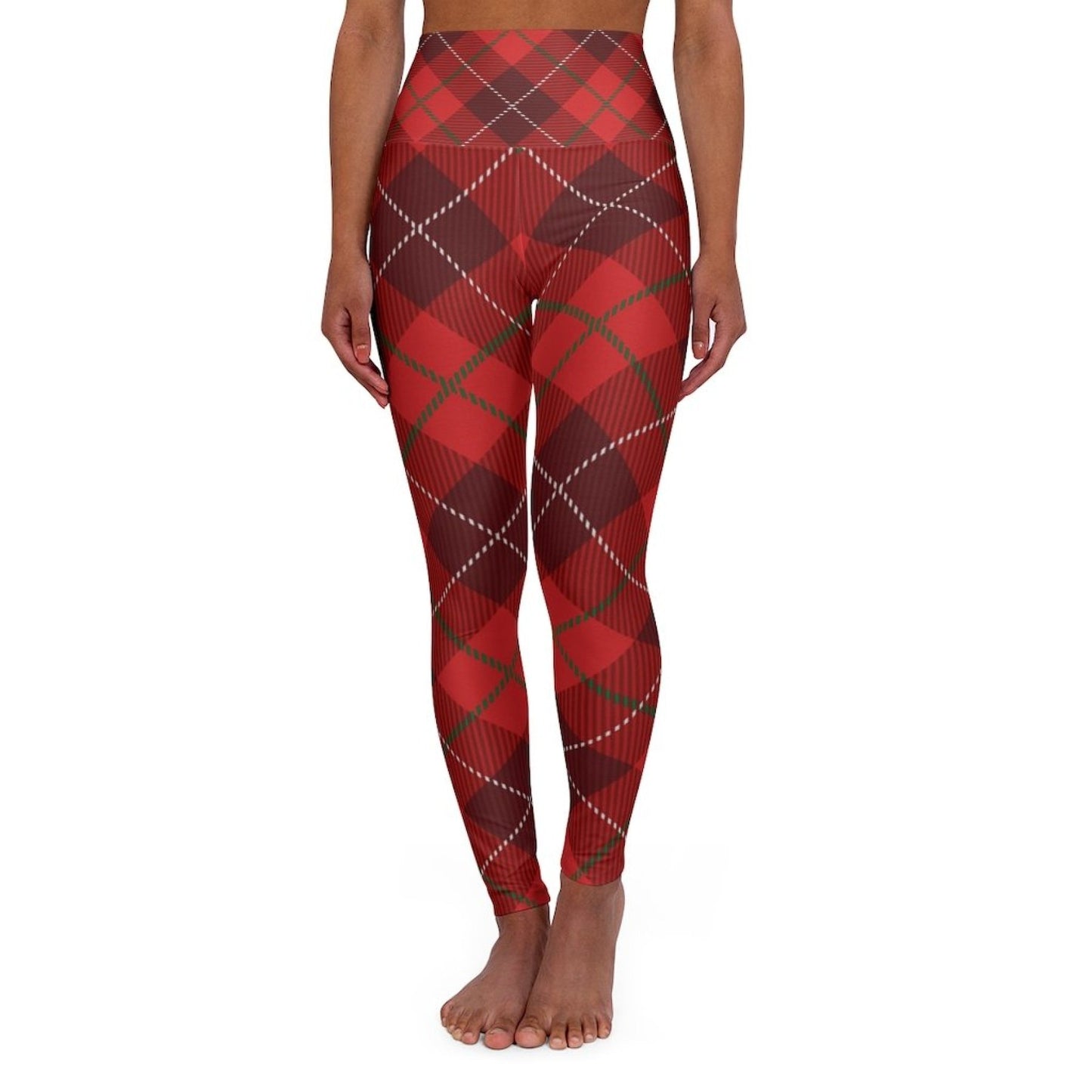 Womens High Waist Fitness Leggings / Yoga Pants, Red Plaid